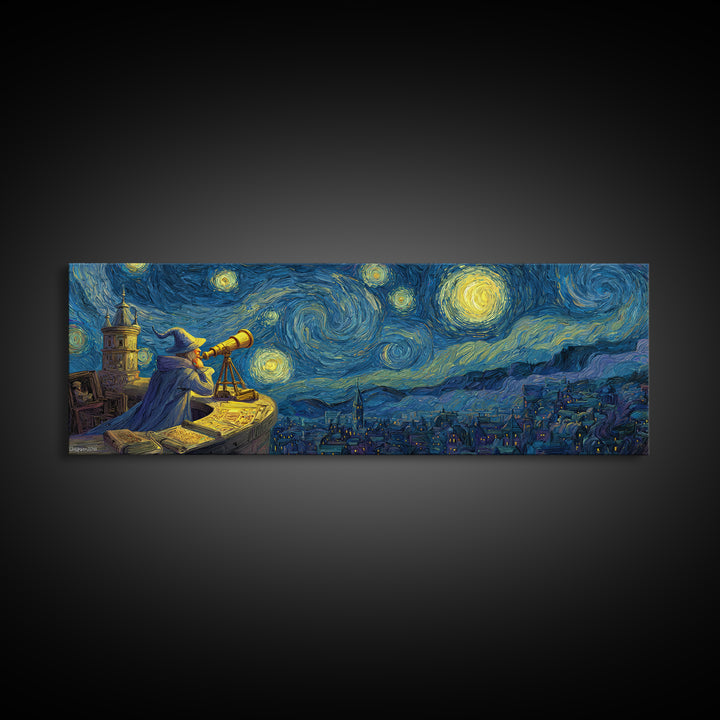 Starry Night Sky Over Town With Wizard And Telescope Classic Van Gogh Style Wall Art Framed Canvas Print