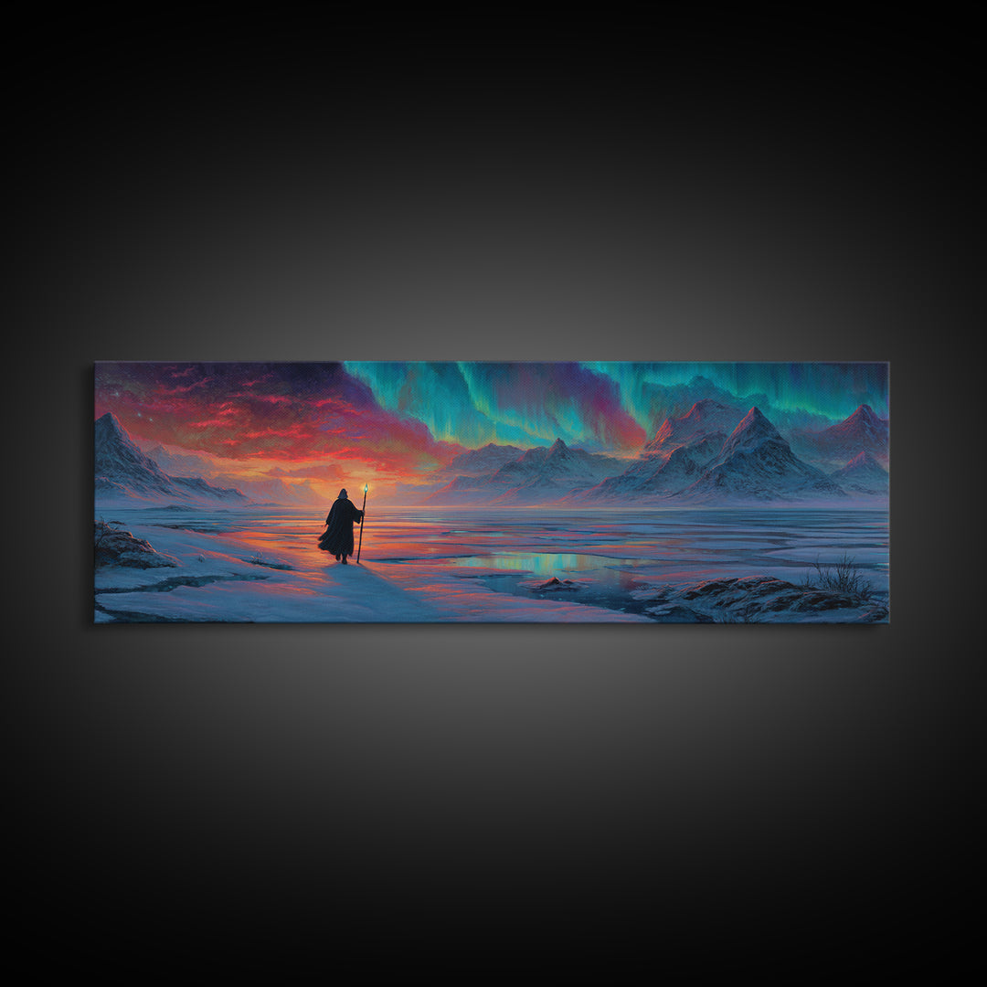 Wanderer Under Northern Lights Canvas Print, Aurora Borealis Wall Art, Arctic Mountain Landscape, Celestial Fantasy Decor