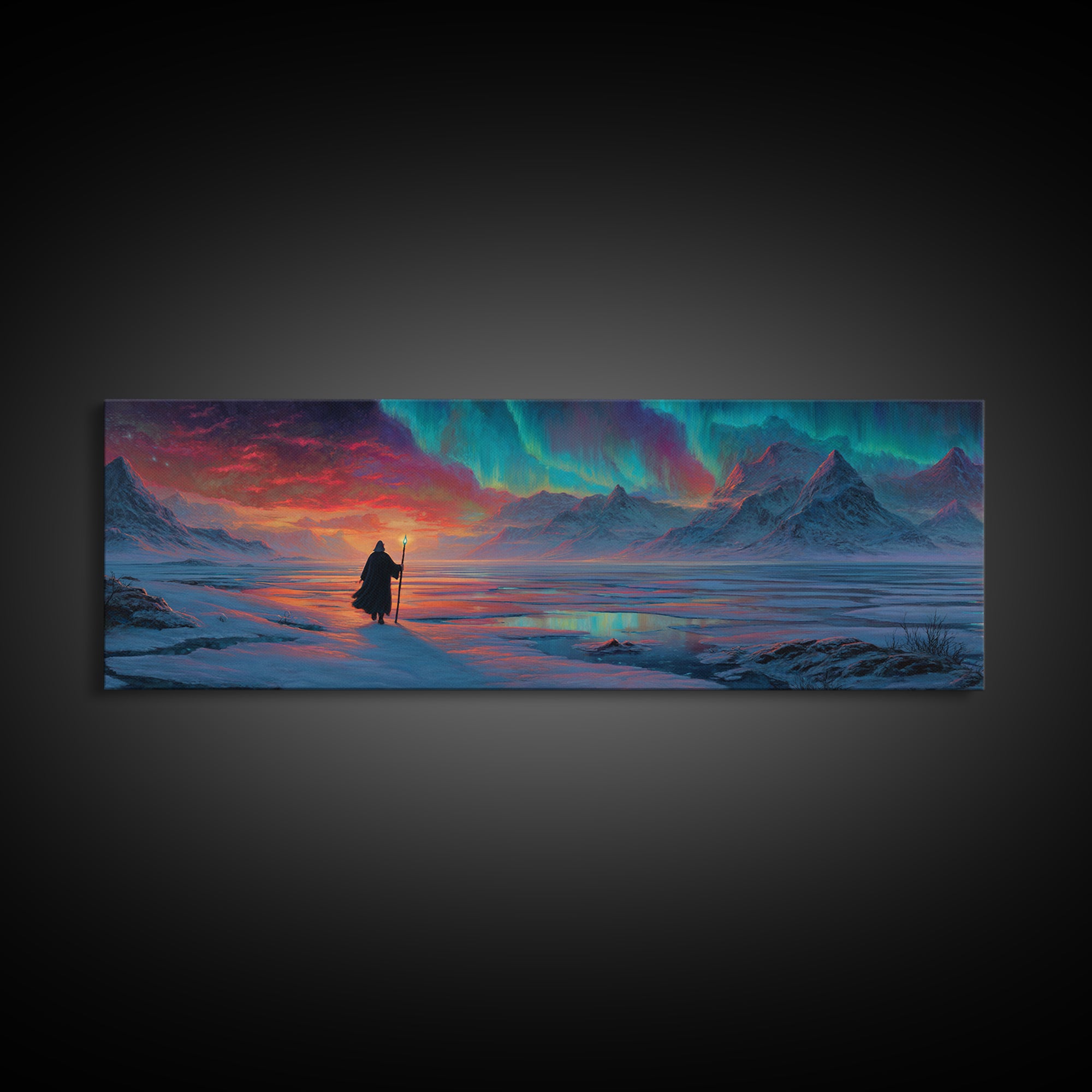 Wanderer Under Northern Lights Canvas Print, Aurora Borealis Wall Art, Arctic Mountain Landscape, Celestial Fantasy Decor