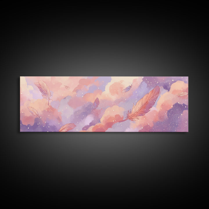 Pastel Dream Clouds And Floating Feathers Canvas Print, Whimsical Wall Art, Celestial Nursery Decor, Soft Pink Bedroom Art