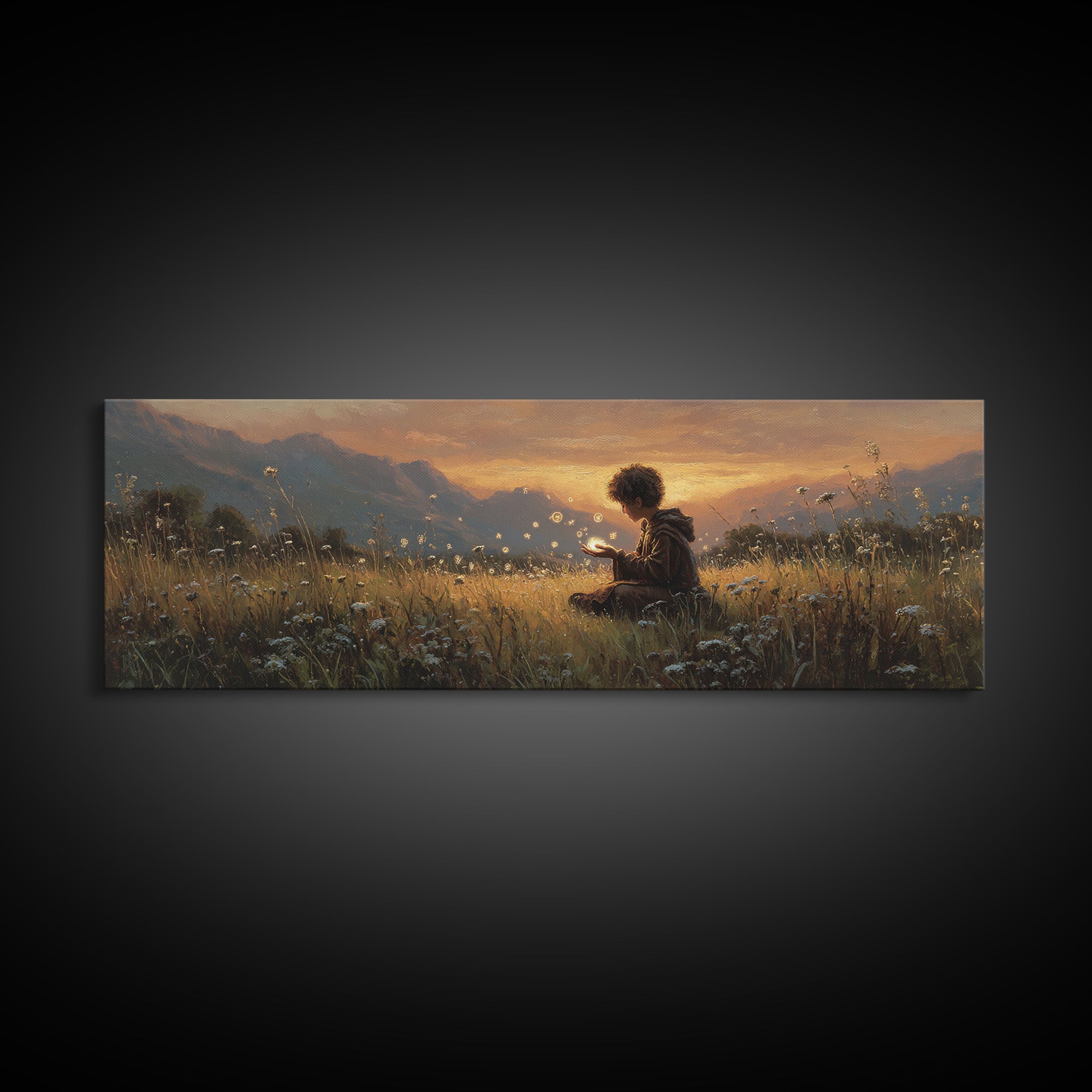 Young Boy In Field Holding Glowing Magical Lights Surrounded By Wildflowers Wall Art Canvas Print
