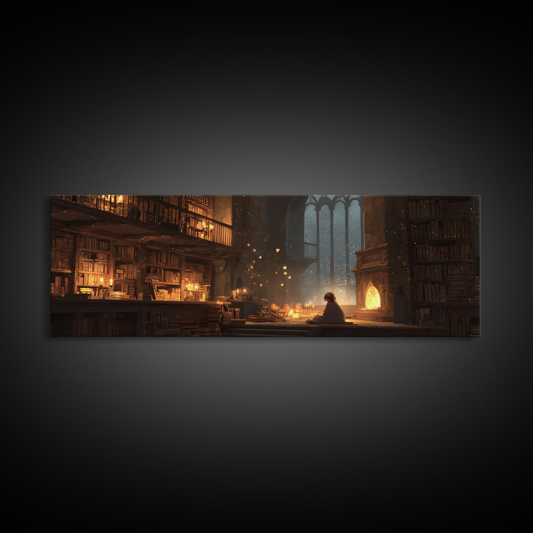 Warm Cozy Library Scene With Child Reading By Fireplace - Charming Home Decor Wall Art Framed Canvas Print For Study Rooms