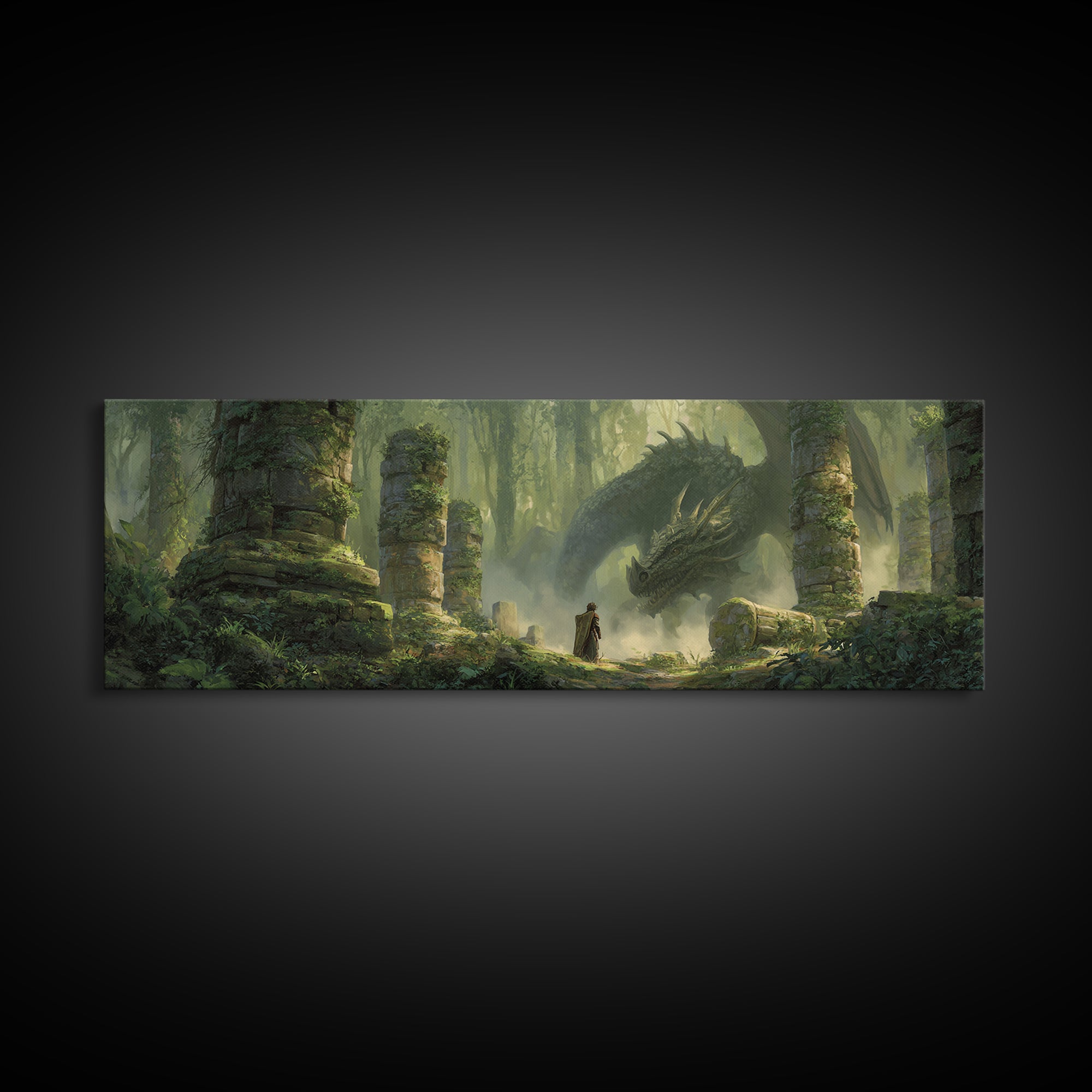 Ancient Forest With Massive Dragon Resting Amidst Ruins - Fantasy Wall Art Framed Canvas Print For Magical And Whimsical Decor