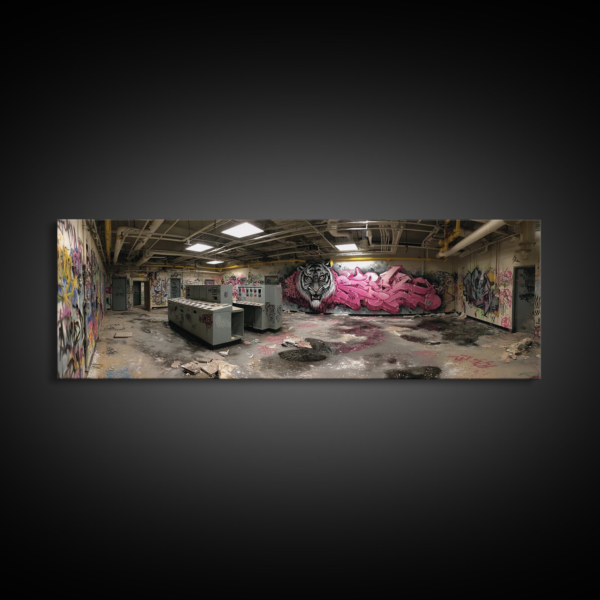 Abandoned Graffiti Room Urban Wall Art Framed Canvas Print With Decayed Interior And Graffiti Street Art Home Decor