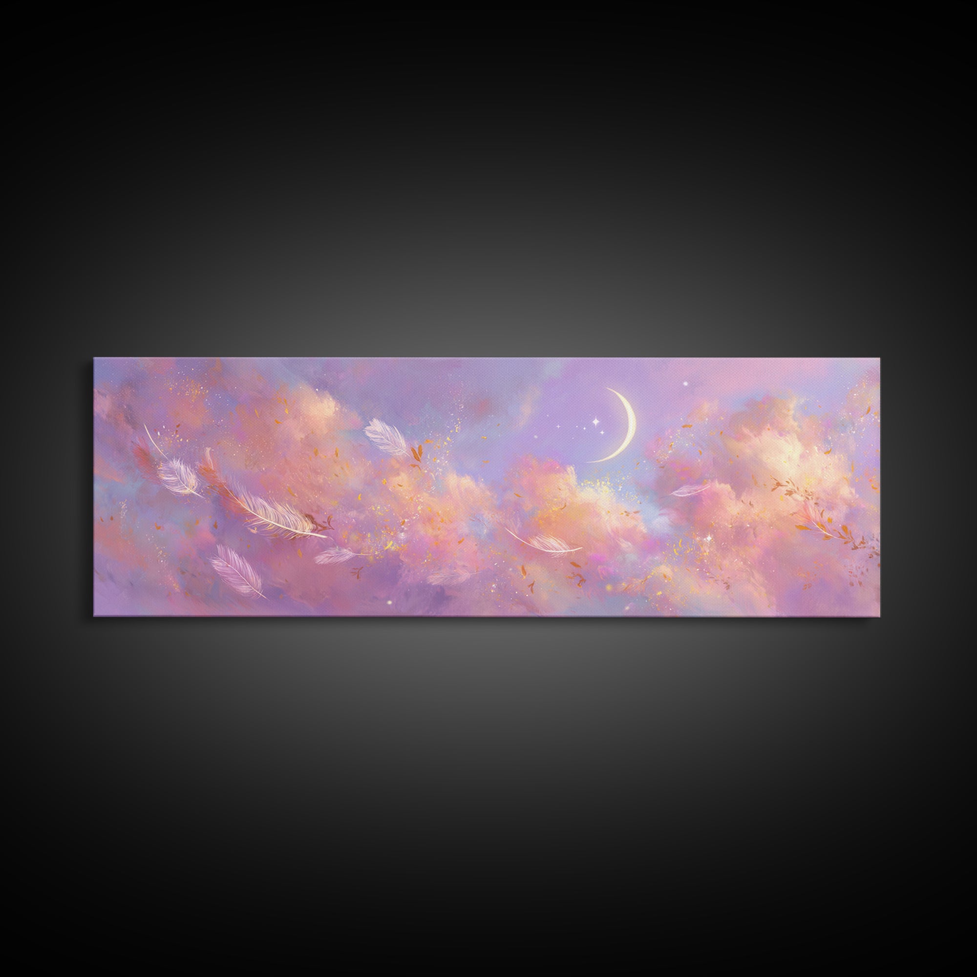 Crescent Moon Feathers In Lavender Sky Wall Art, Celestial Canvas Print, Whimsical Decor, Calming Bedroom Art, Gift For Her