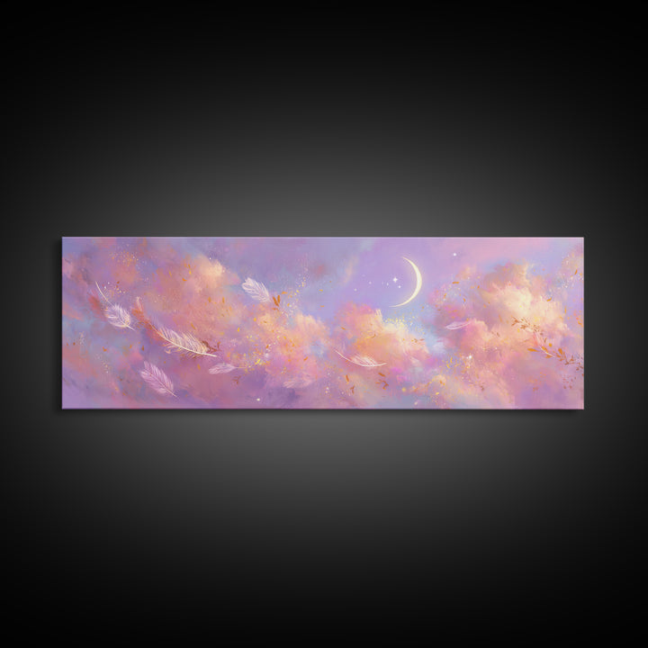 Crescent Moon Feathers In Lavender Sky Wall Art, Celestial Canvas Print, Whimsical Decor, Calming Bedroom Art, Gift For Her
