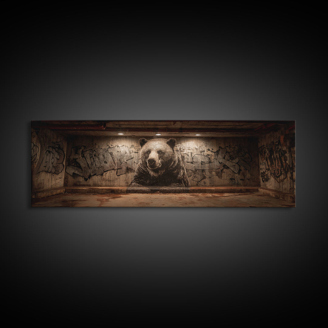 Large Bear Mural On Urban Graffiti Wall In Dimly Lit Space Framed Canvas Print For Statement Wall Art