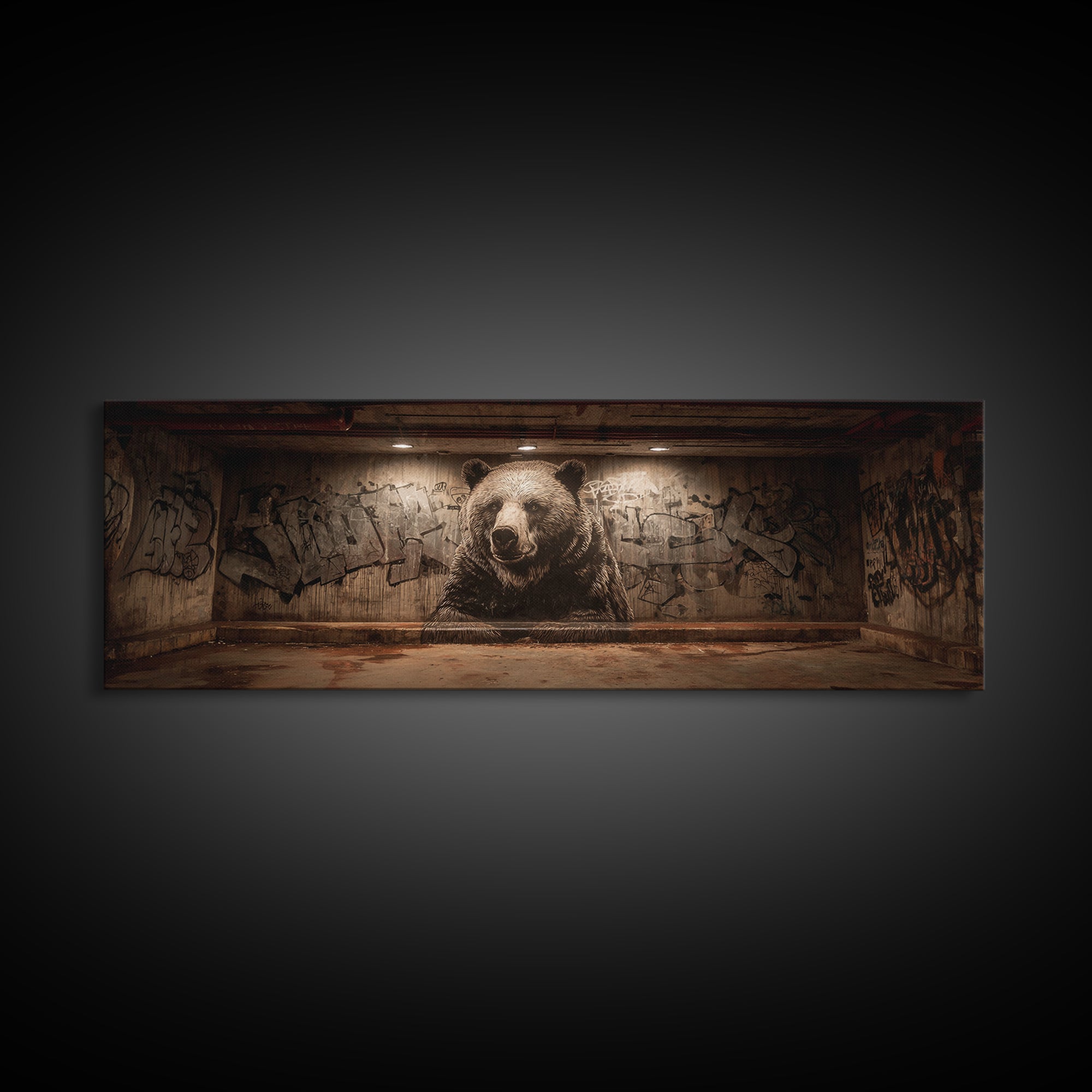 Large Bear Mural On Urban Graffiti Wall In Dimly Lit Space Framed Canvas Print For Statement Wall Art