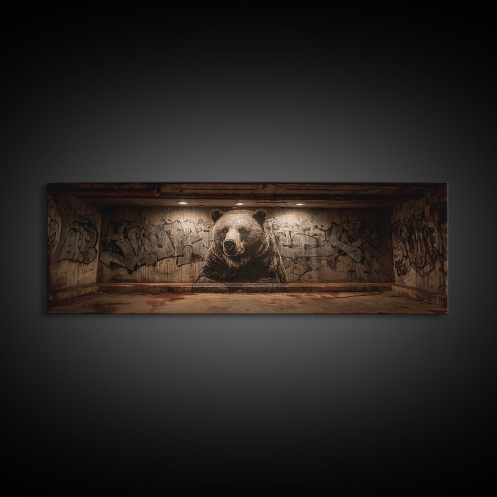 Large Bear Mural On Urban Graffiti Wall In Dimly Lit Space Framed Canvas Print For Statement Wall Art