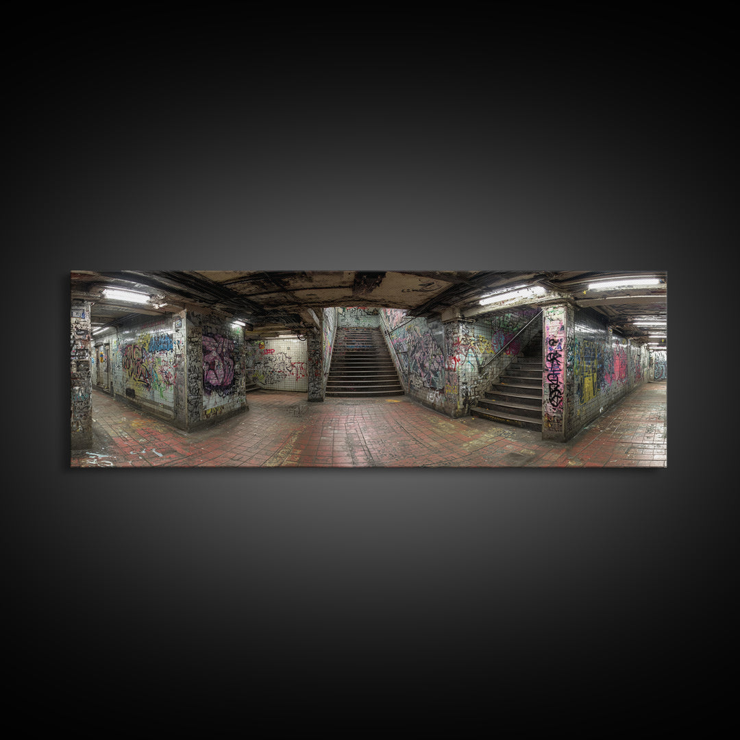 Grungy Spacious Subway Staircase Graffiti Urban Loft Wall Art - Framed Canvas Print, Modern Wall Art, Urban Decor, Trending Wall Art Gift