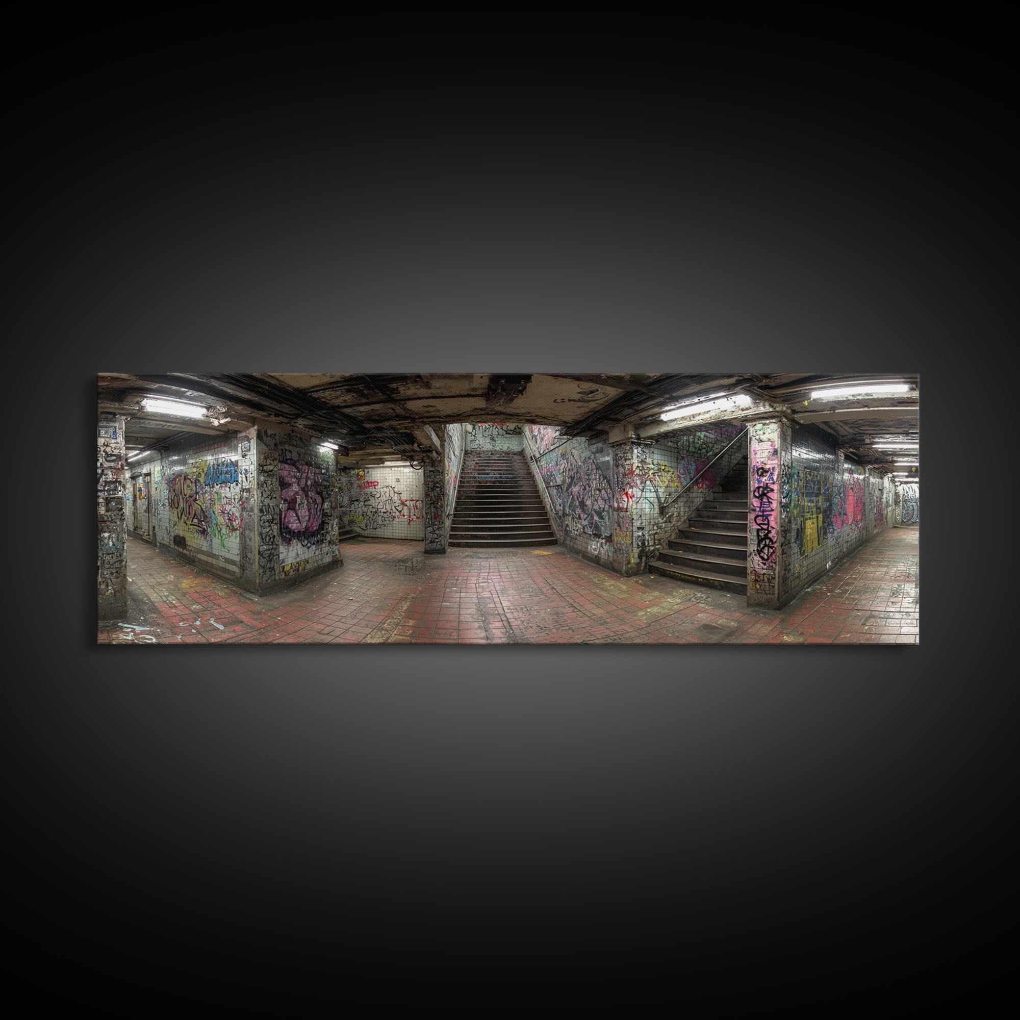 Grungy Spacious Subway Staircase Graffiti Urban Loft Wall Art - Framed Canvas Print, Modern Wall Art, Urban Decor, Trending Wall Art Gift