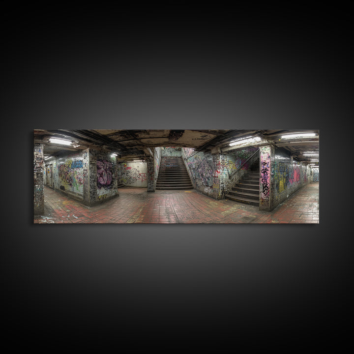 Grungy Spacious Subway Staircase Graffiti Urban Loft Wall Art - Framed Canvas Print, Modern Wall Art, Urban Decor, Trending Wall Art Gift