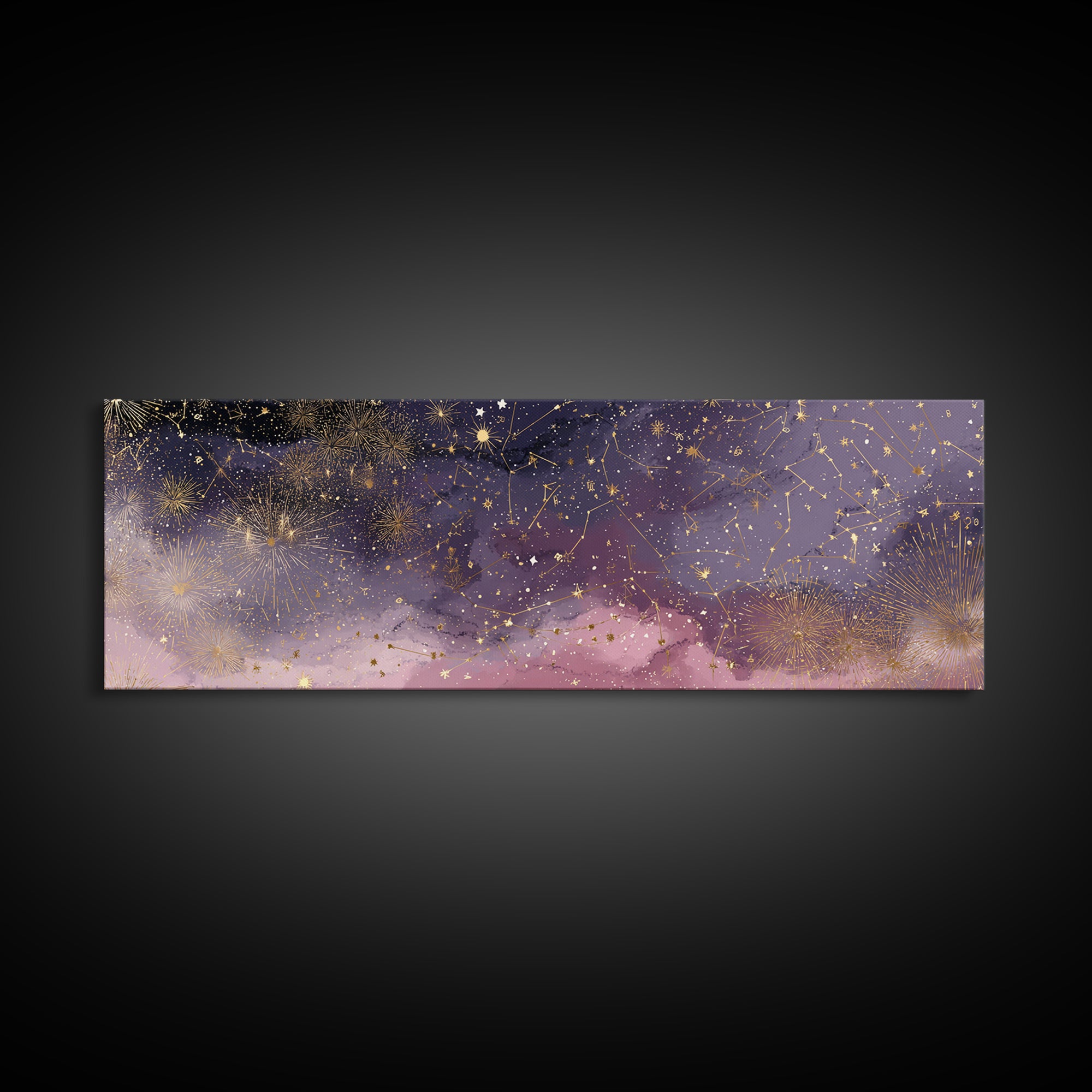 Golden Stars And Constellations In Moody Night Sky Wall Art, Celestial Canvas Print, Dark Academia Decor, Mystical Bedroom Art