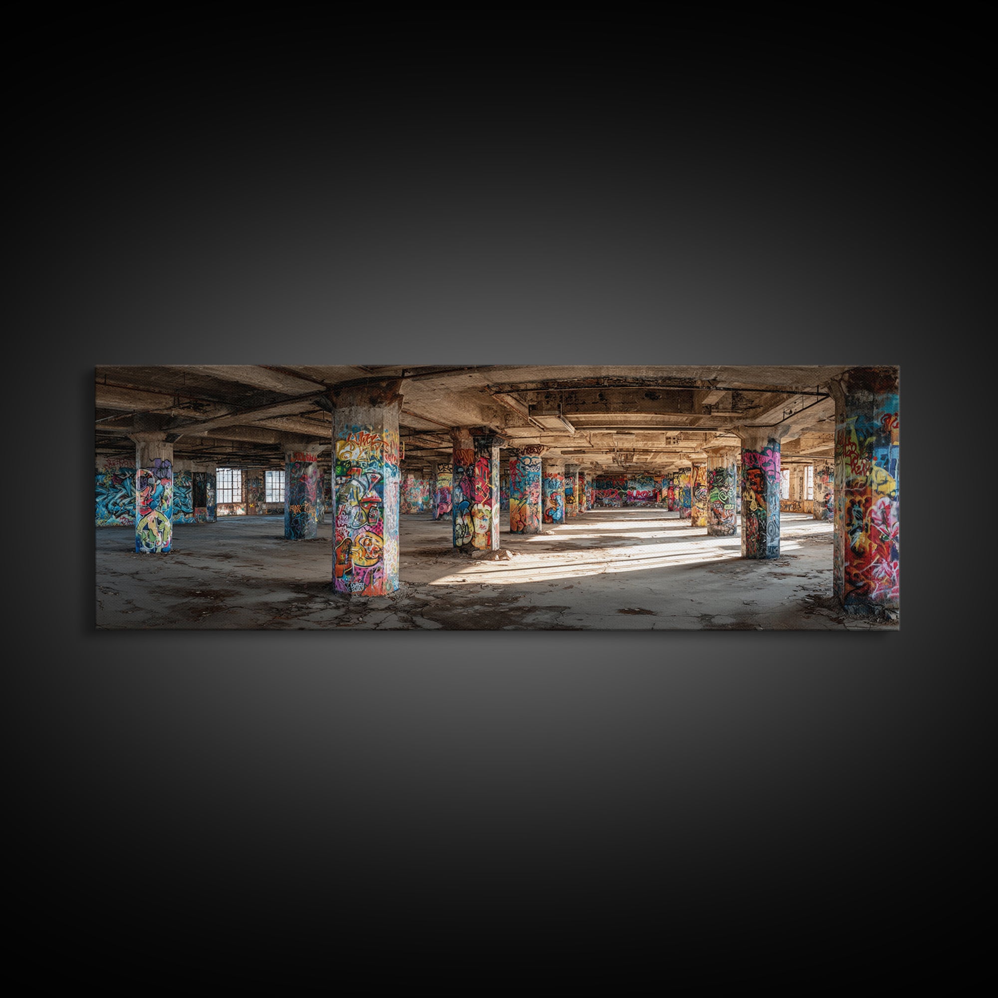 Rustic Urban Abandoned Building Interior With Graffiti Artwork Wall Art Canvas Print Large Industrial Style Decor For Funky Apartment Or Loft Wall