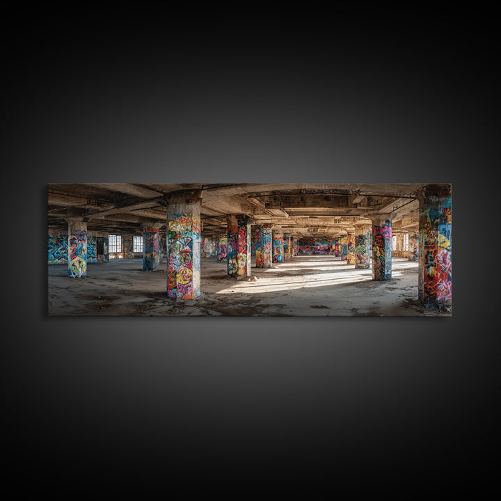 Rustic Urban Abandoned Building Interior With Graffiti Artwork Wall Art Canvas Print Large Industrial Style Decor For Funky Apartment Or Loft Wall