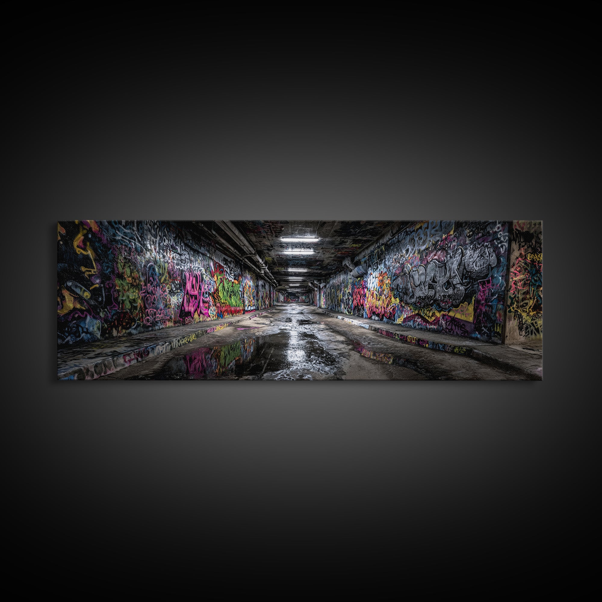 Graffiti Covered Underground Tunnel Wall Art, Urban Street Art Print, Modern Industrial Decor, Colorful Cityscape Canvas