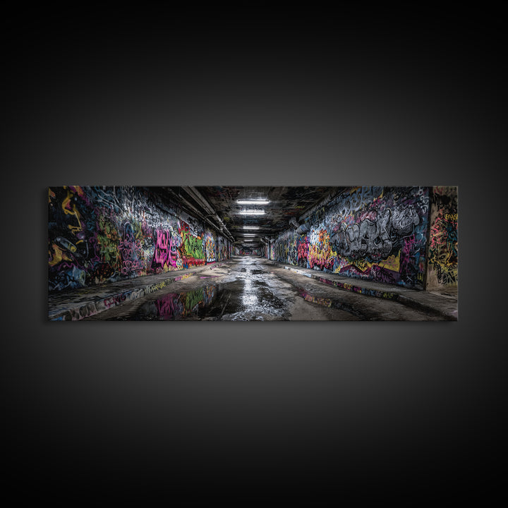 Graffiti Covered Underground Tunnel Wall Art, Urban Street Art Print, Modern Industrial Decor, Colorful Cityscape Canvas