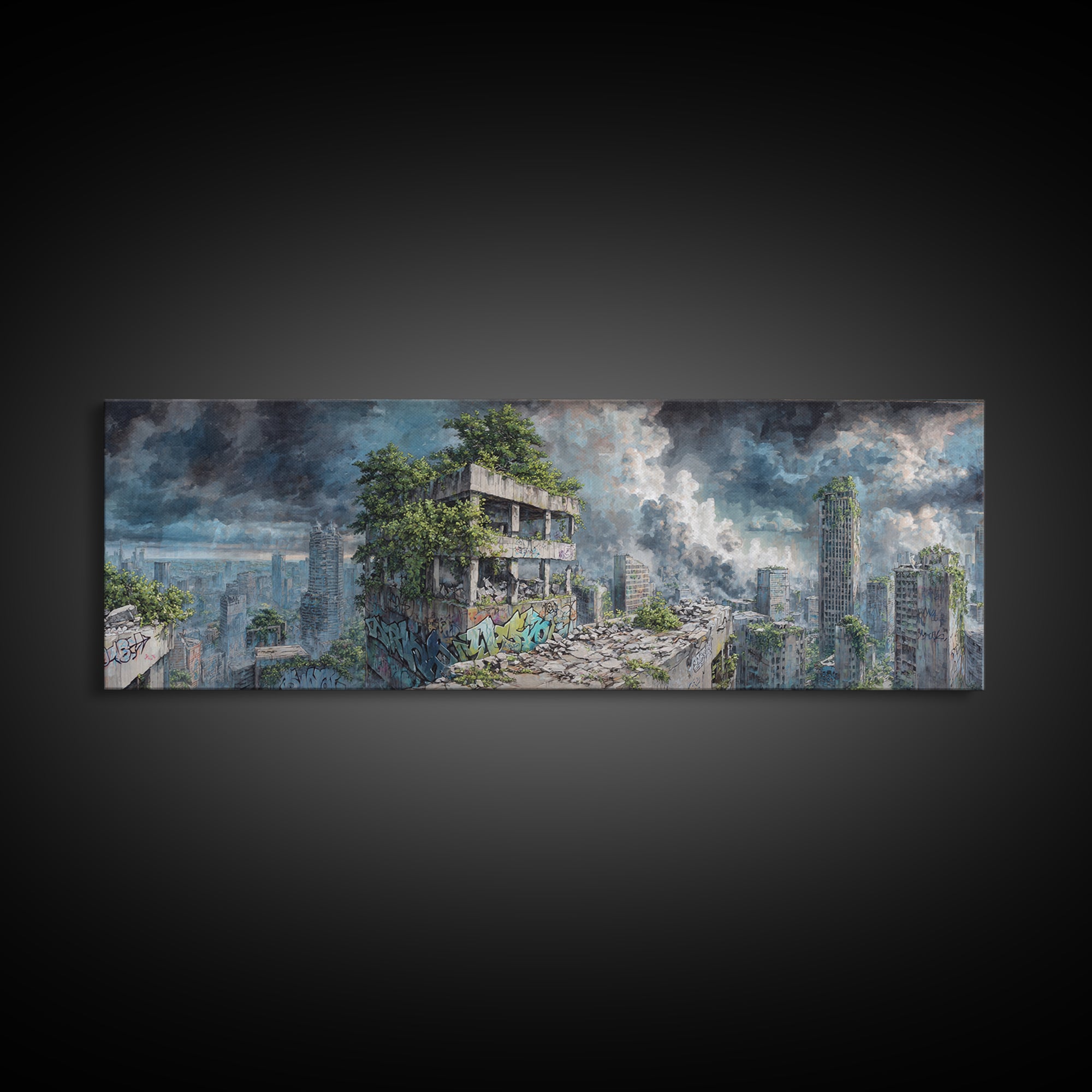 Overgrown Ruined City Under Storm Clouds Canvas Print, Post Apocalyptic Wall Art, Futuristic Urban Landscape, Sci Fi Decor