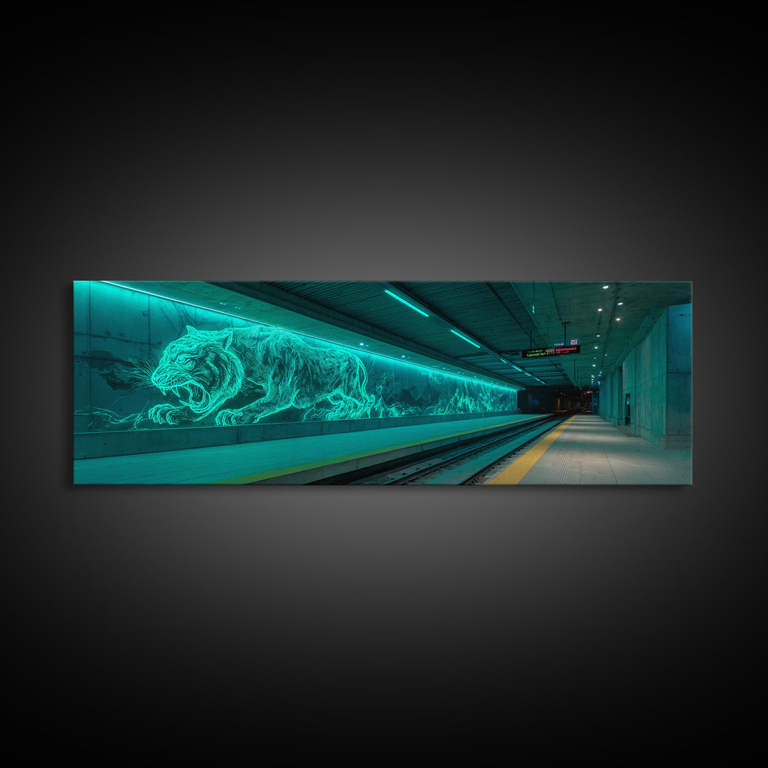 Neon Glowing Tiger Mural Urban Wall Decor Canvas Print Vibrant Modern Wall Art For Office Or Living Room