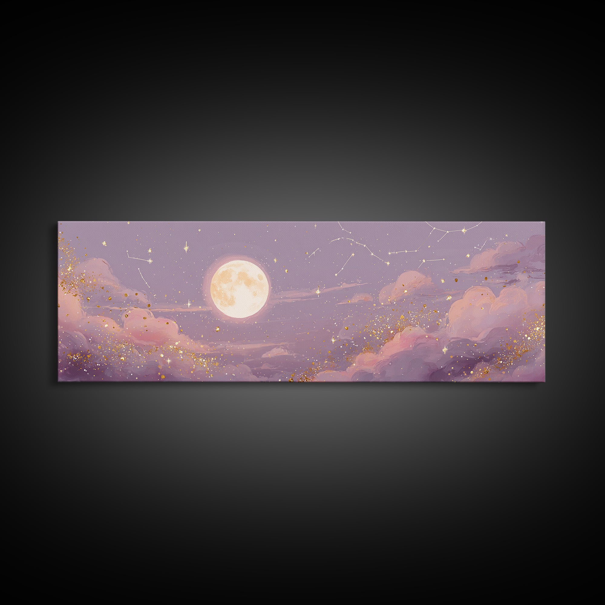 Full Moon Over Pink Clouds And Starry Sky Canvas Print, Celestial Wall Art, Moon Phase Decor, Dreamy Nursery Room Wall Decor