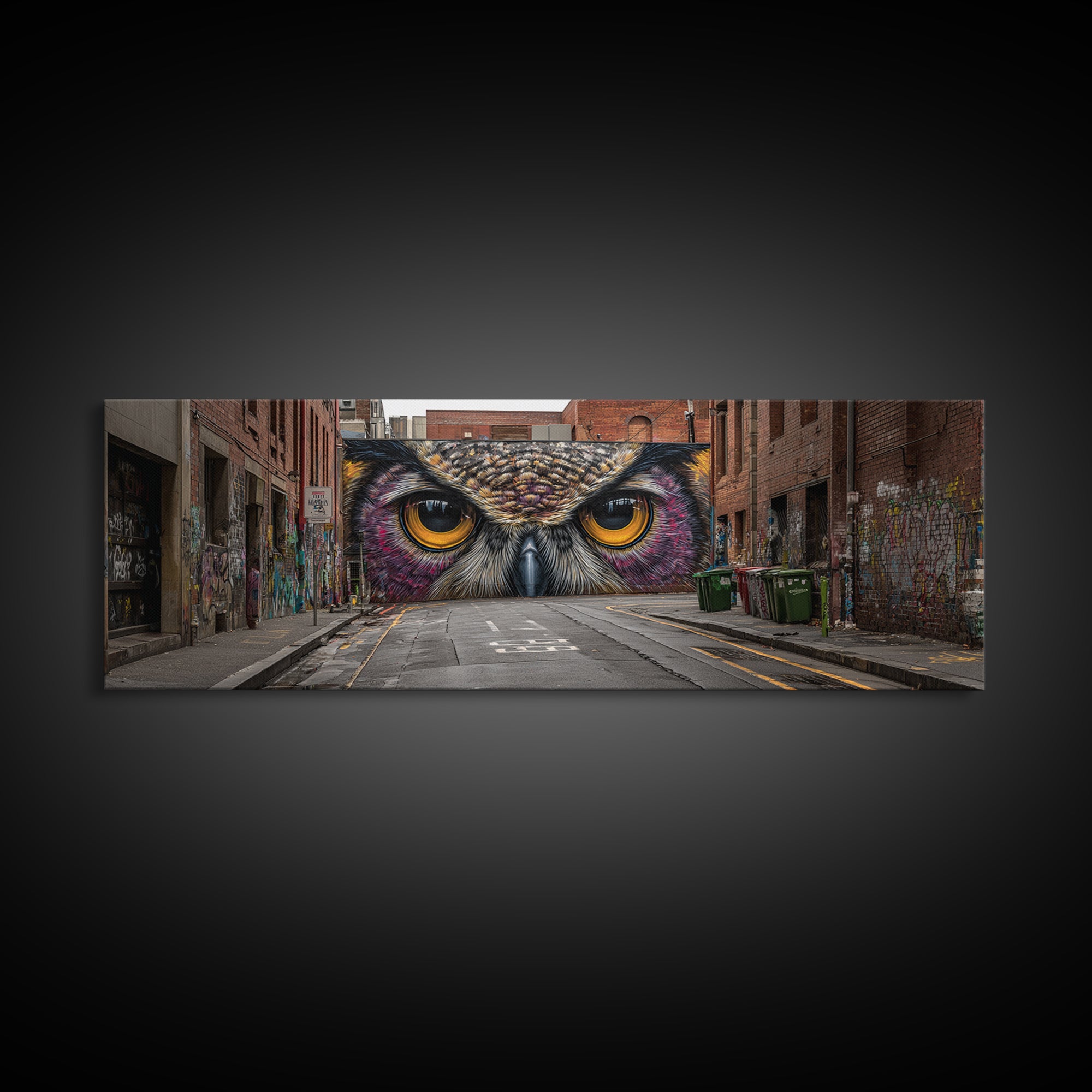 Hyperrealistic Street Mural of Intense Owl Eyes Graffiti Urban Wall Art Framed Canvas Print Bold Contemporary Art for Living Room Decor