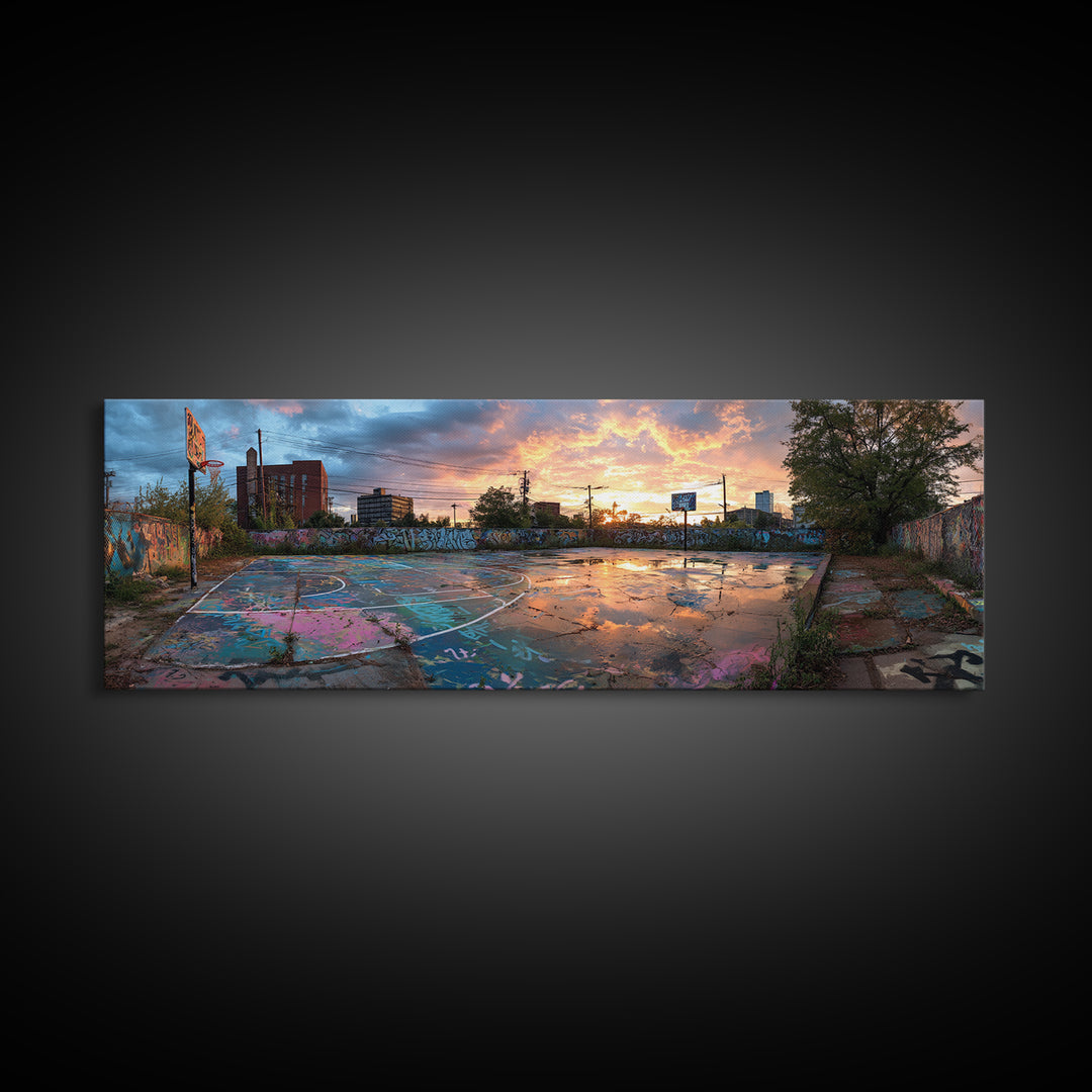 Graffiti Covered Abandoned Outdoor Basketball Court At Sunset, Urban Street Art Wall Decor Canvas Print For Modern Living Room And Wall Art