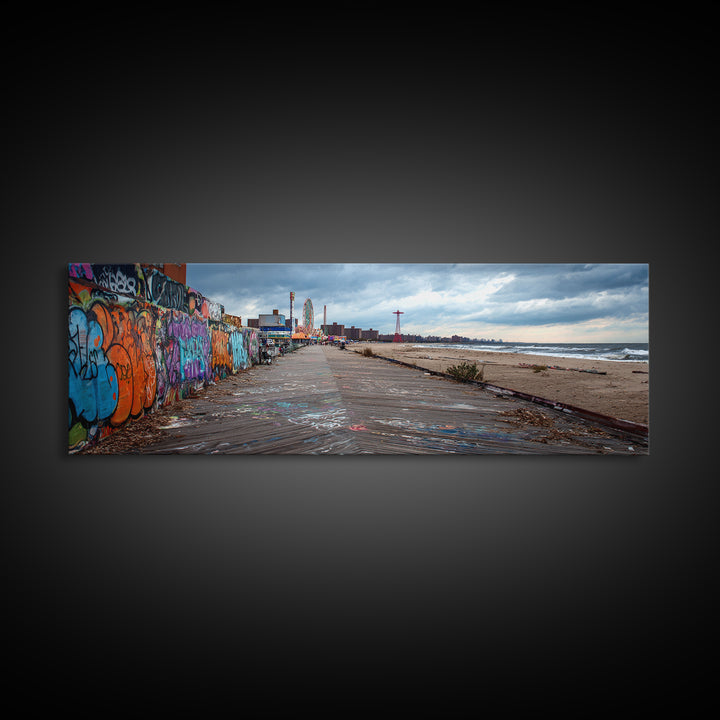 Urban Graffiti Beach Boardwalk Vibrant Street Art Wall Art Coastal Living Room Decor Ocean Scene Canvas Print
