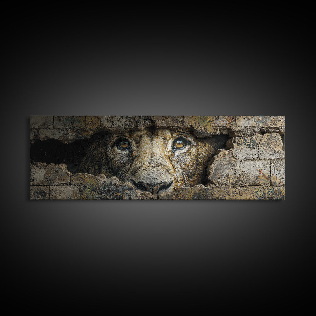 Powerful Lion Peering Through Broken Wall Street Art Canvas Print Bold Wildlife Wall Art For Home Decor And Office Wall Hanging