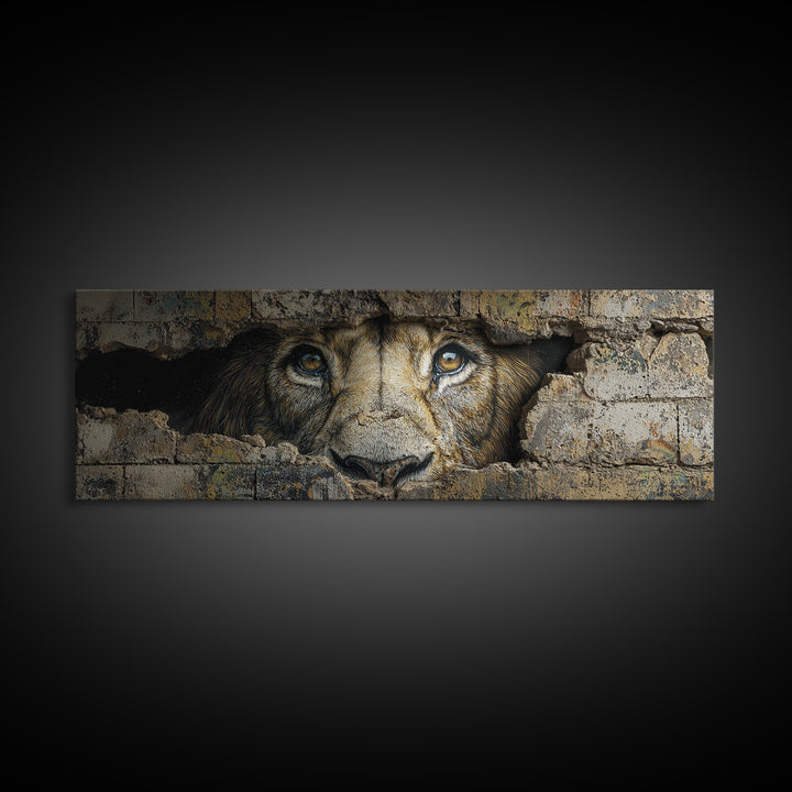 Powerful Lion Peering Through Broken Wall Street Art Canvas Print Bold Wildlife Wall Art For Home Decor And Office Wall Hanging