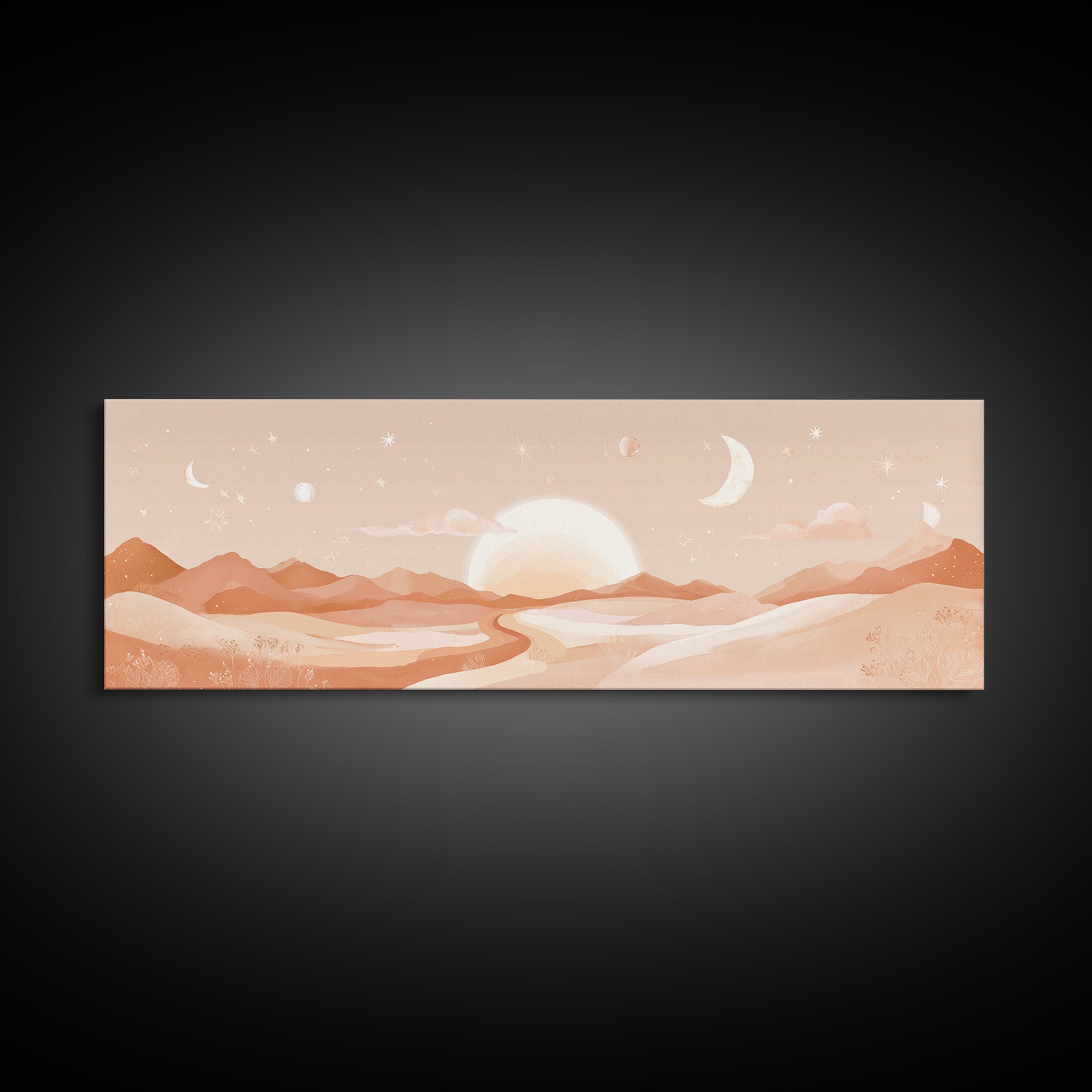 Desert Sunrise With Moon Phases And Terracotta Hills Wall Art, Boho Canvas Print, Southwestern Earth Tone Decor, Nursery Wall Art