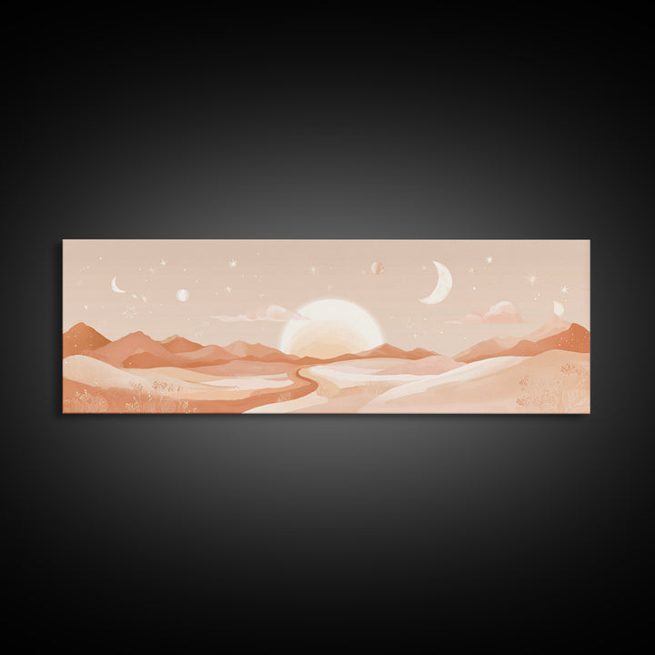 Desert Sunrise With Moon Phases And Terracotta Hills Wall Art, Boho Canvas Print, Southwestern Earth Tone Decor, Nursery Wall Art