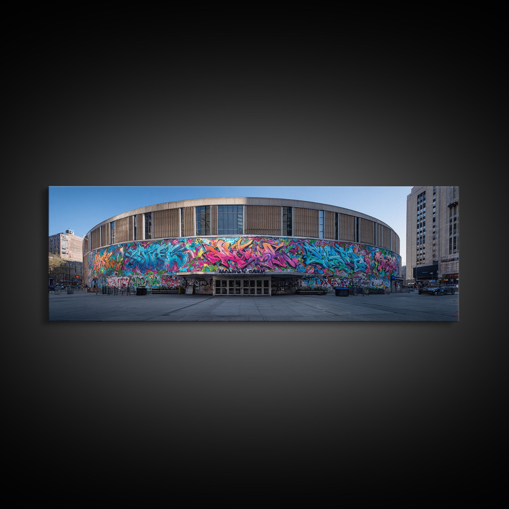 Vibrant Graffiti Wrapped Around Circular Building Urban Wall Art Modern Wall Decor Framed Canvas Print