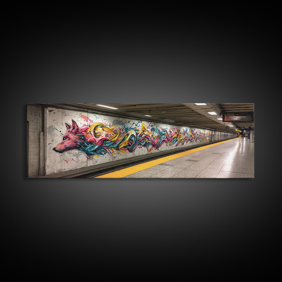 Vibrant Graffiti Mural Of Stylized Fox In Subway Station Long Abstract Street Art Wall Art Canvas Print