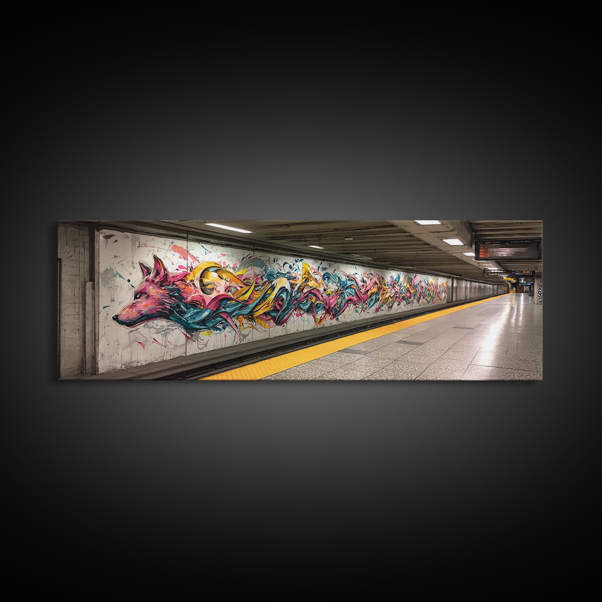 Vibrant Graffiti Mural Of Stylized Fox In Subway Station Long Abstract Street Art Wall Art Canvas Print
