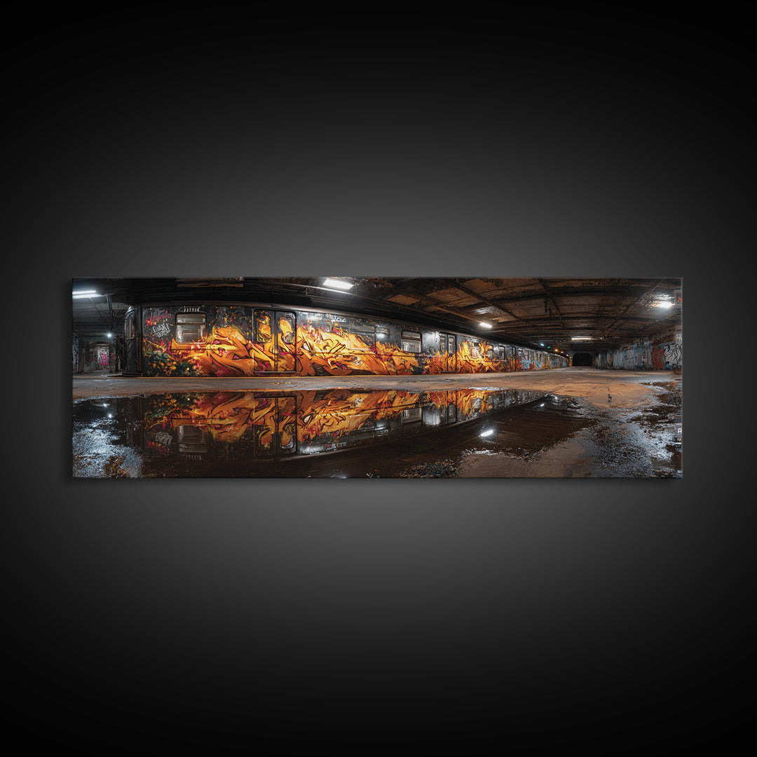 Mysterious Urban Graffiti Subway Station With Reflections Moody Street Art Large Canvas Print Framed Wall Art For Contemporary Decor