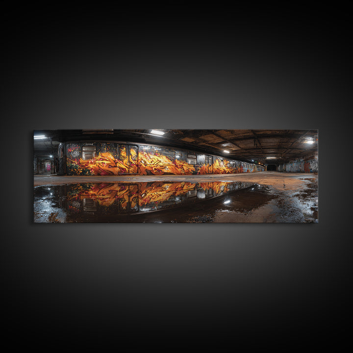 Mysterious Urban Graffiti Subway Station With Reflections Moody Street Art Large Canvas Print Framed Wall Art For Contemporary Decor