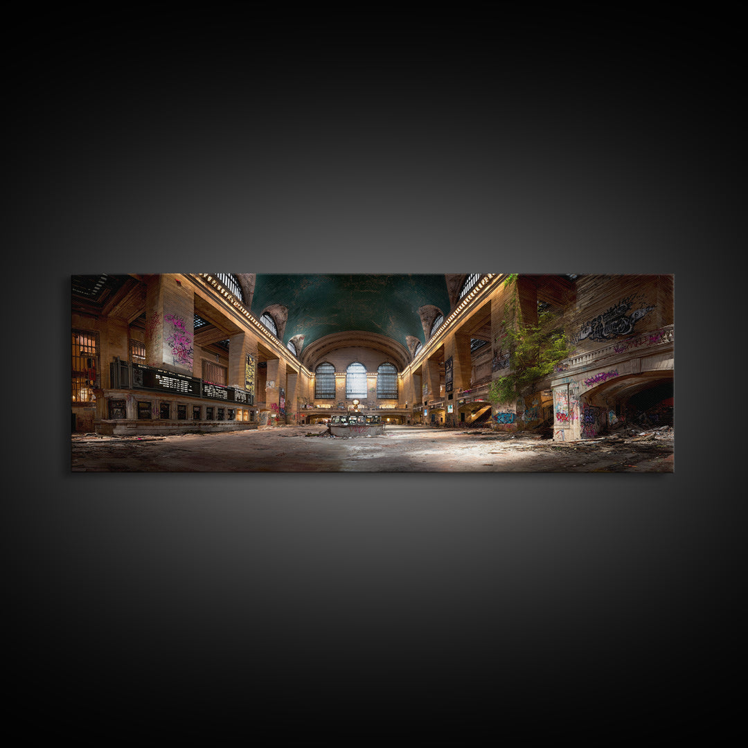 Abandoned Urban Train Station With Graffiti, Nature Reclaiming Space, Moody Decay Landscape Wall Art Canvas Print For Home Decor