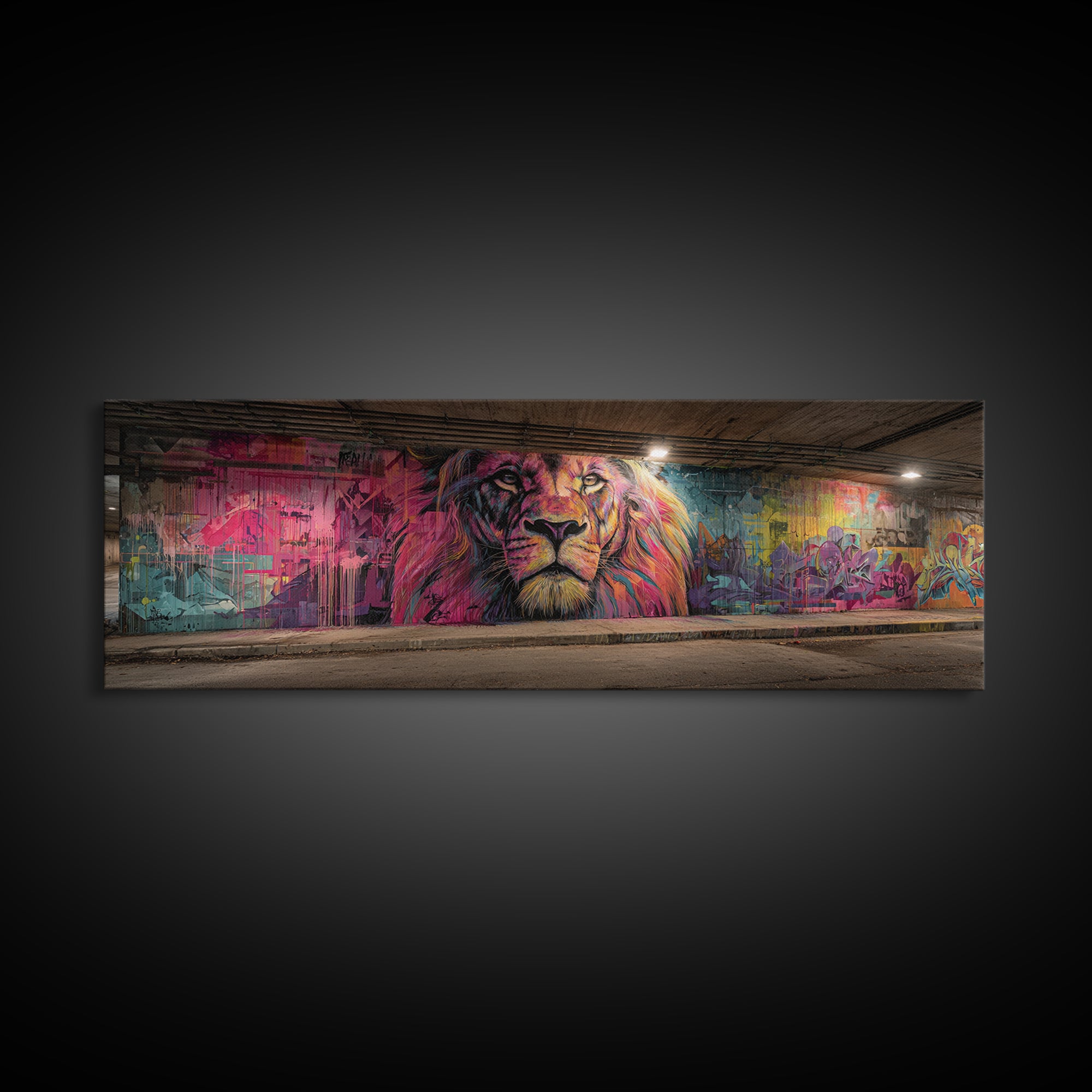 Vibrant Grafitti Lion Mural Street Art With Bright Colors Urban Wall Art Framed Canvas Print