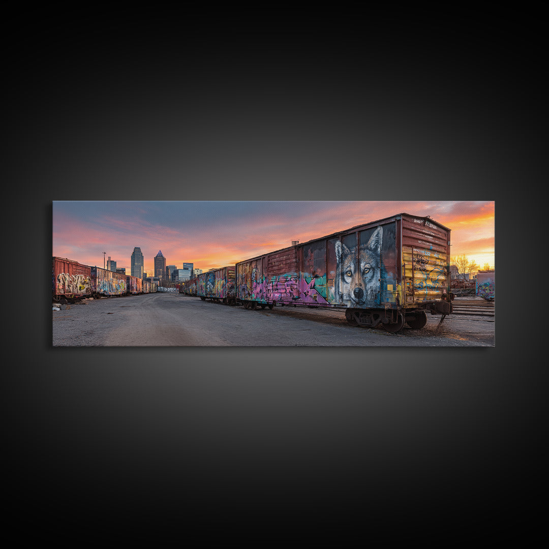 Sunset Skyline With City Train And Vibrant Graffiti Urban Wall Art Print For Modern Living Room Decor And Office Framed Canvas Print
