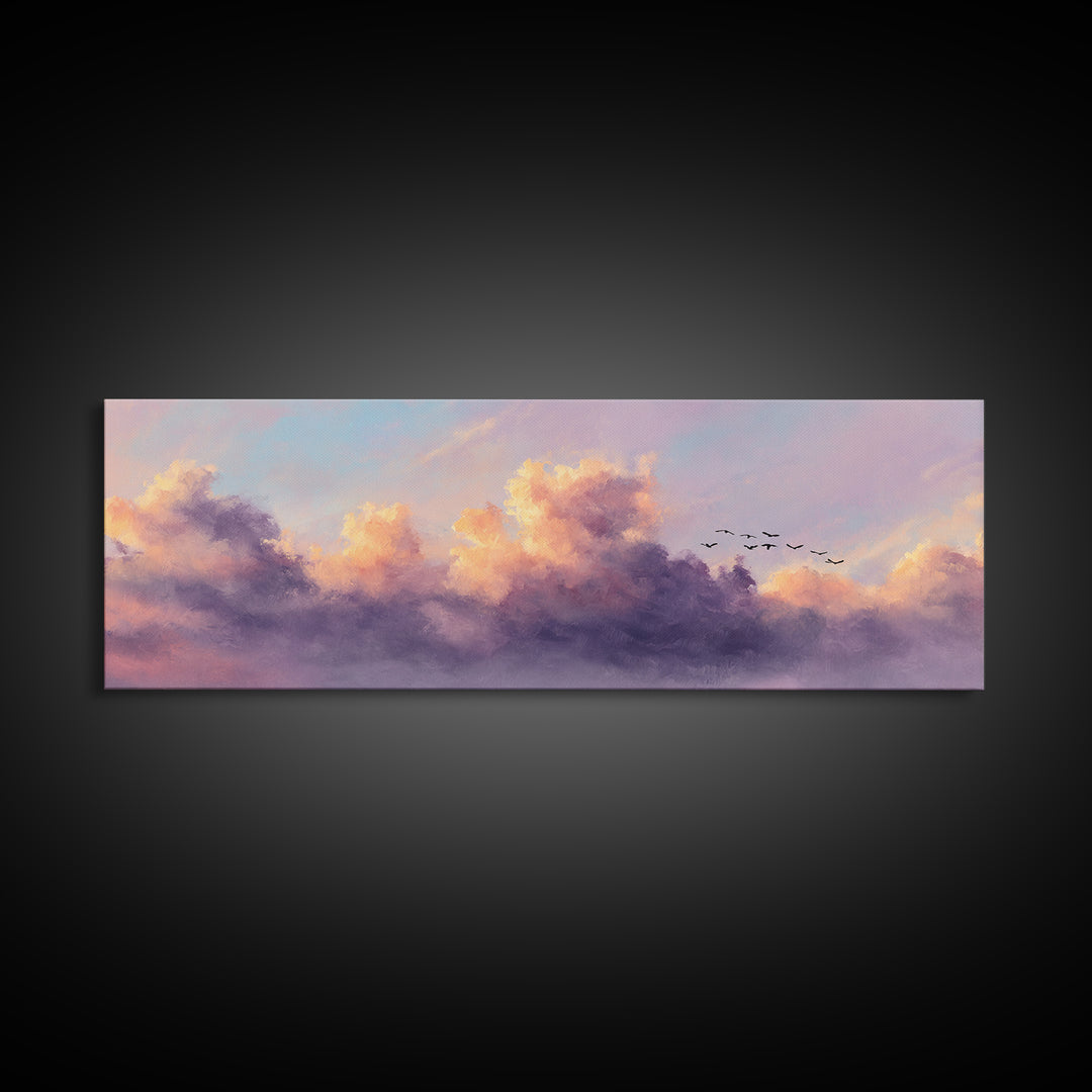 Lavender Sunset Clouds With Flying Birds Wall Art, Pastel Landscape Canvas Print, Calming Bedroom Decor, Living Room Art