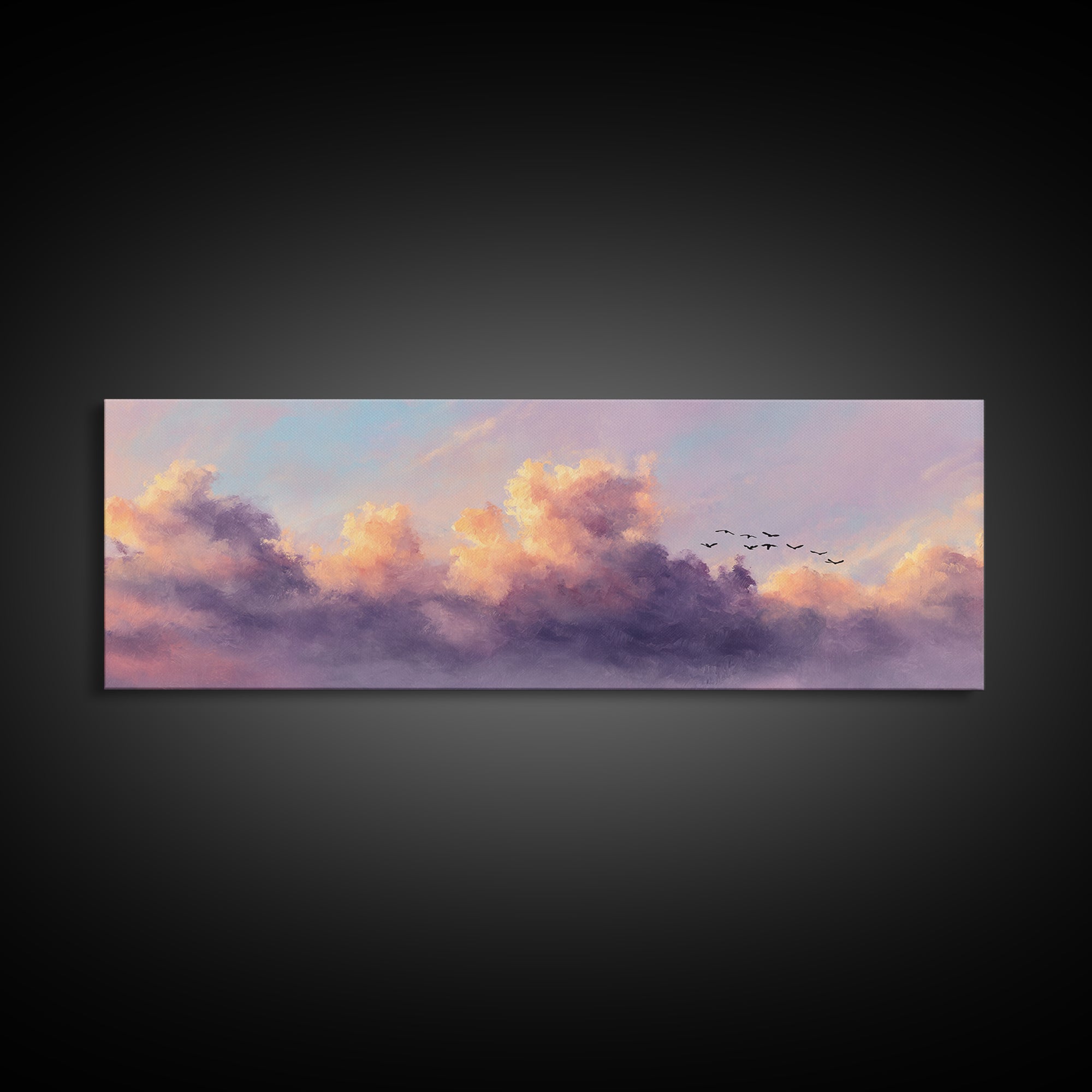 Lavender Sunset Clouds With Flying Birds Wall Art, Pastel Landscape Canvas Print, Calming Bedroom Decor, Living Room Art