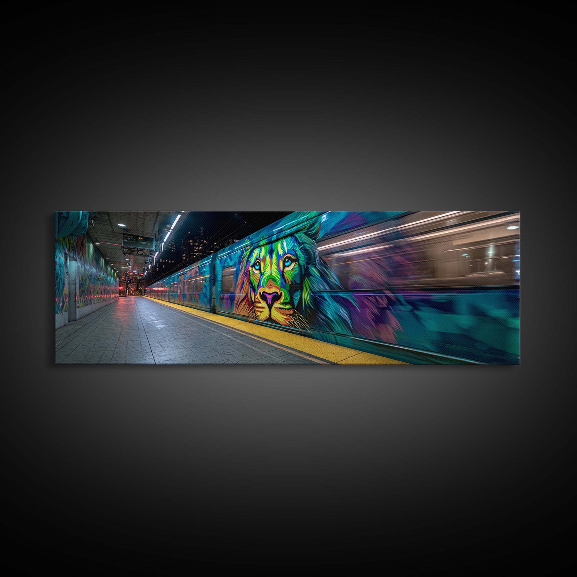 Vibrant Urban Graffiti Lion Mural On Subway Train Colorful Street Art Wall Decor Canvas Print