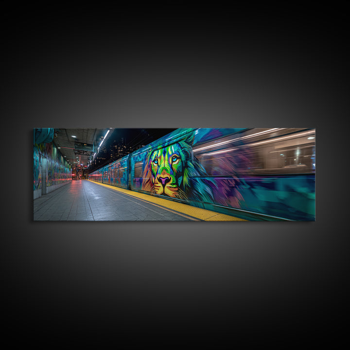 Vibrant Urban Graffiti Lion Mural On Subway Train Colorful Street Art Wall Decor Canvas Print