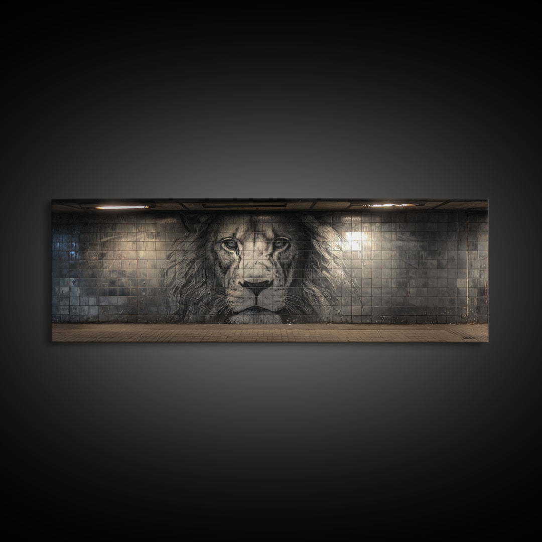 Majestic Lion Black And White Mural Style Street Art Wall Art Large Urban Decorative Canvas Print