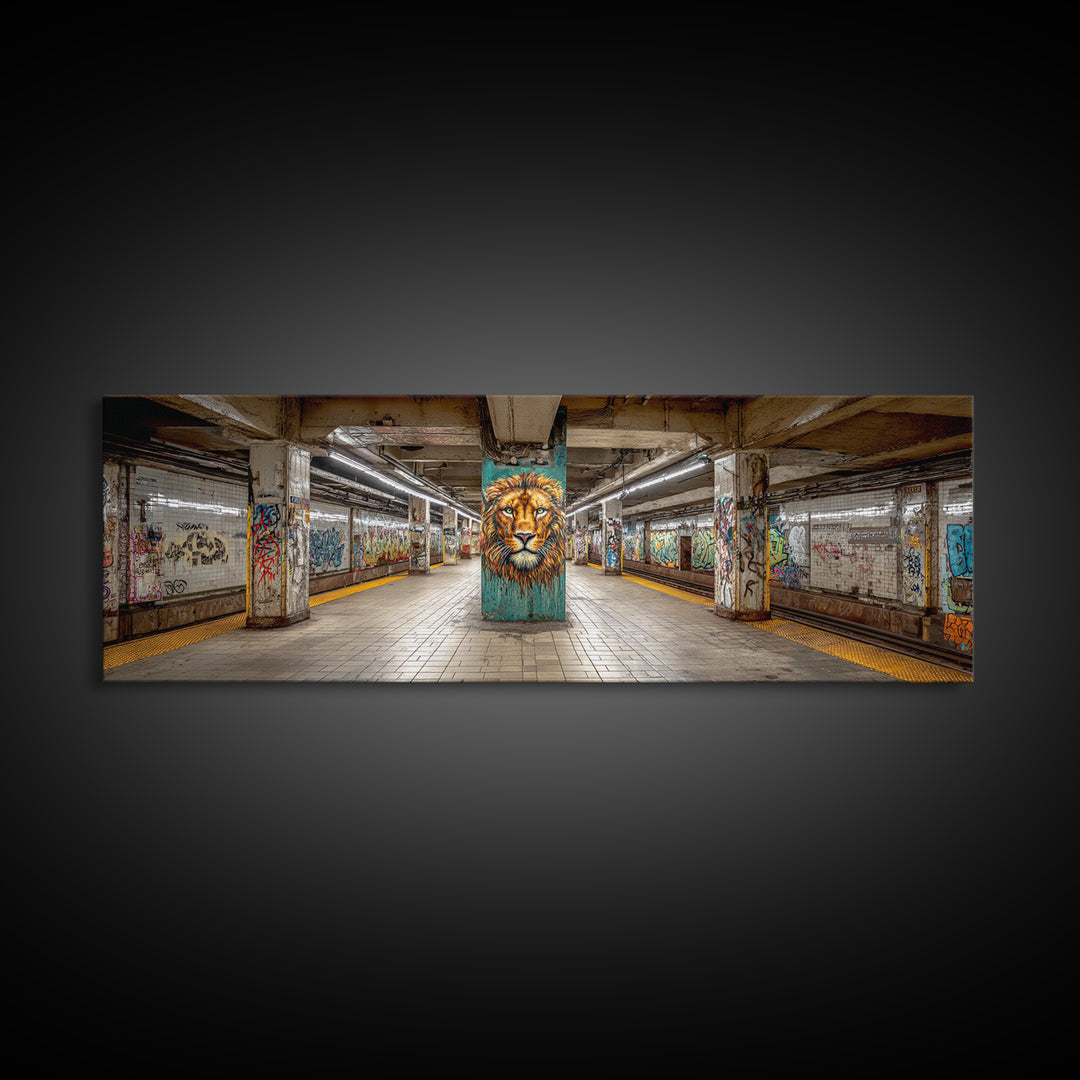 Urban Graffiti Style Subway Station With Bold Lion Mural Vibrant Wall Art Framed Canvas Print