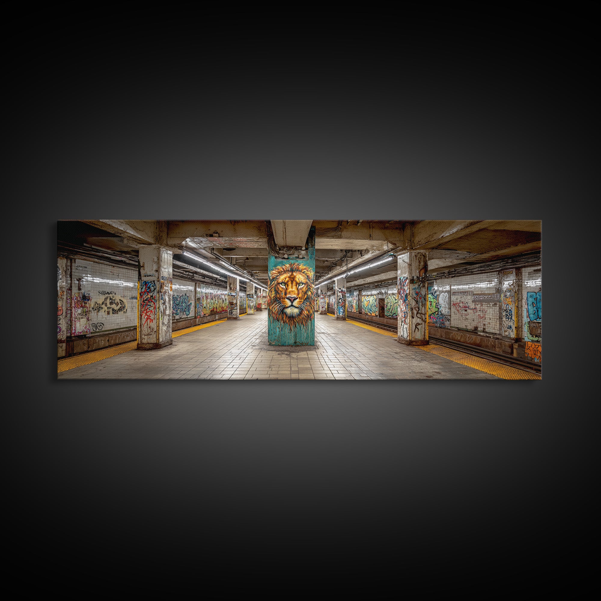 Urban Graffiti Style Subway Station With Bold Lion Mural Vibrant Wall Art Framed Canvas Print