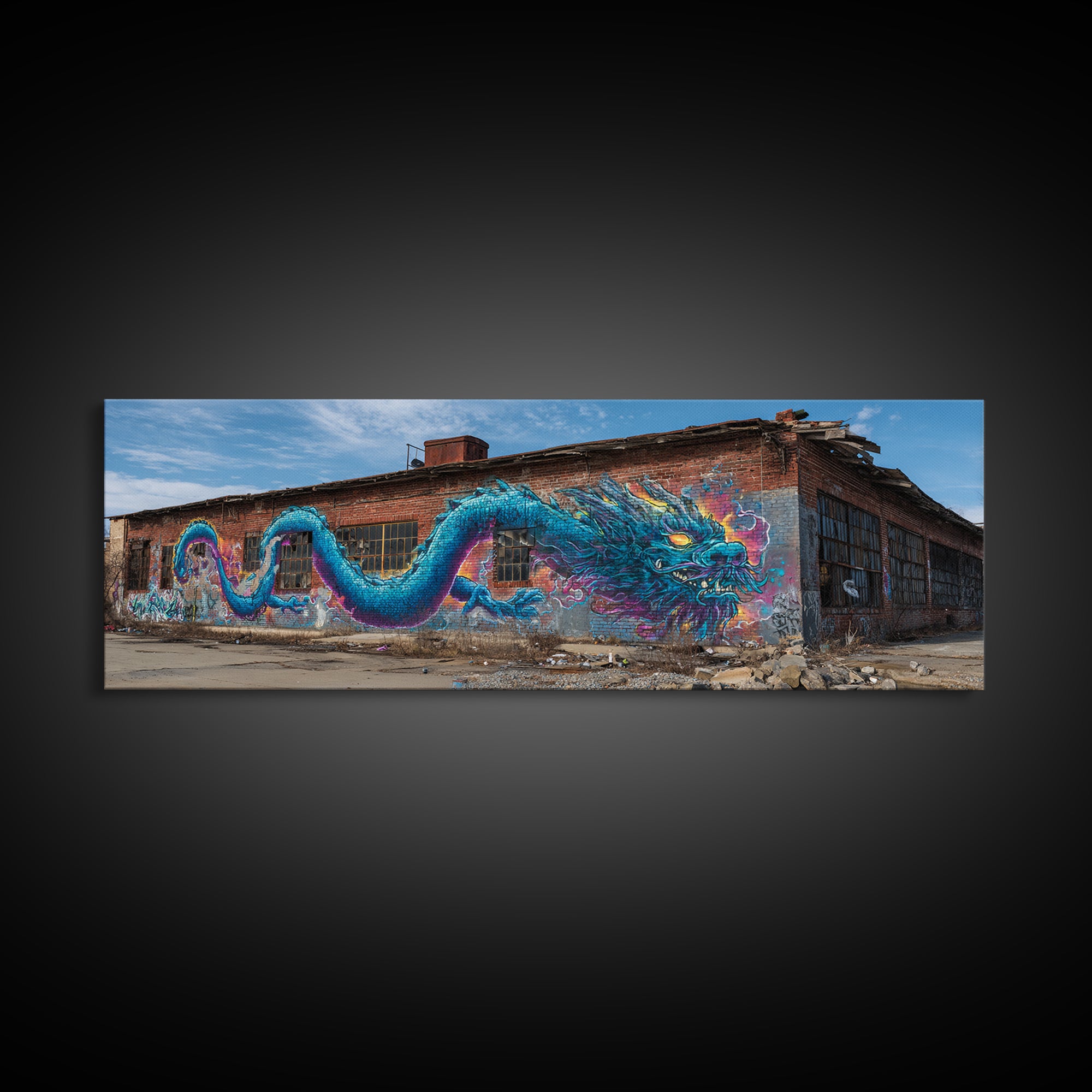 Blue Dragon Graffiti Street Art Wall Art Canvas Print Vibrant Large Urban Wall Decor With Detailed Fantasy Design