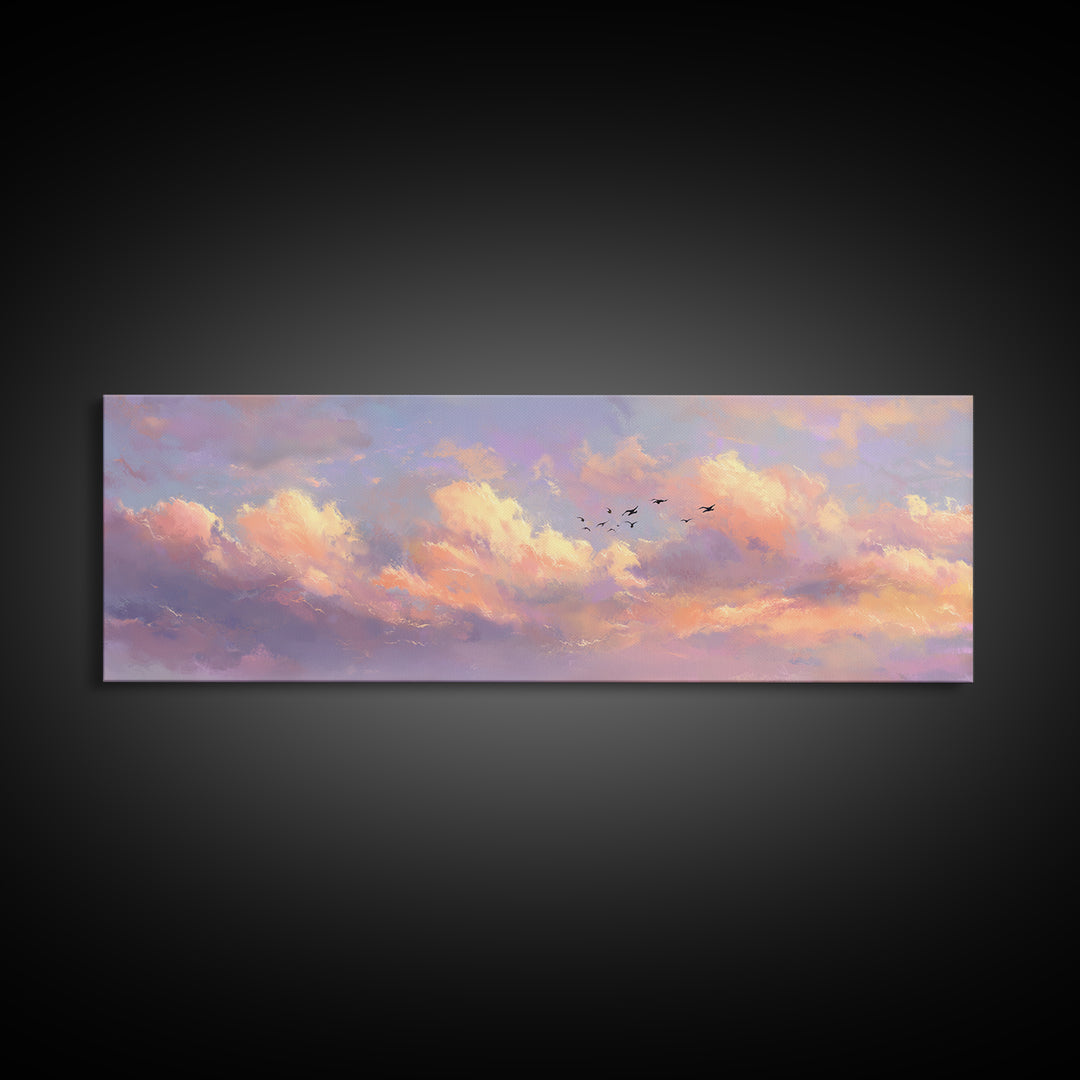 Peach Sunset Clouds With Distant Birds Canvas Print, Soft Pastel Wall Art, Dreamy Landscape Calming Decor, Living Room Wall Art