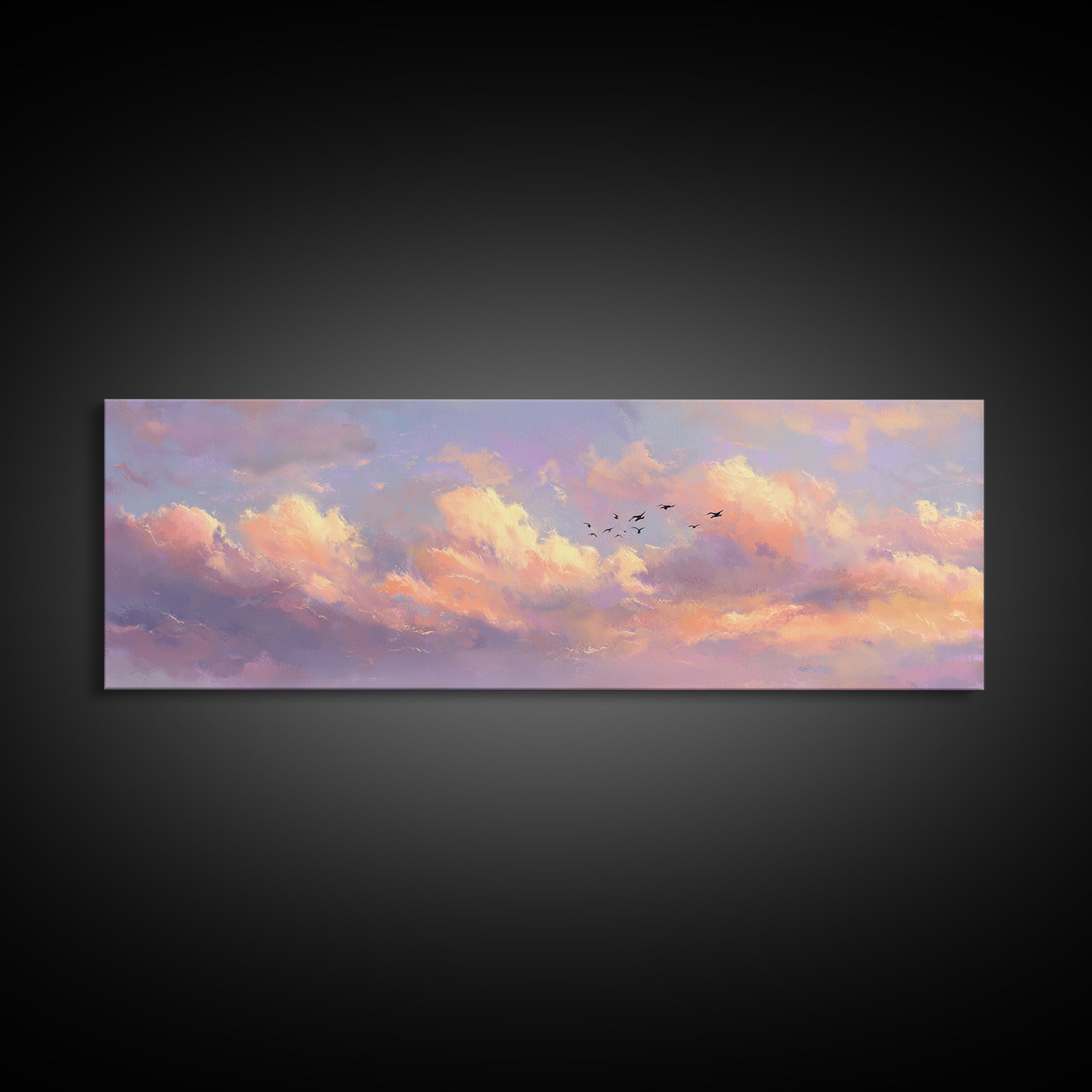 Peach Sunset Clouds With Distant Birds Canvas Print, Soft Pastel Wall Art, Dreamy Landscape Calming Decor, Living Room Wall Art