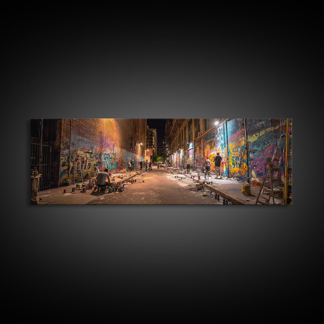 Nighttime Urban Graffiti Alleyway Street Art Scene Vibrant Spray Paint Murals Wall Art Framed Canvas Print